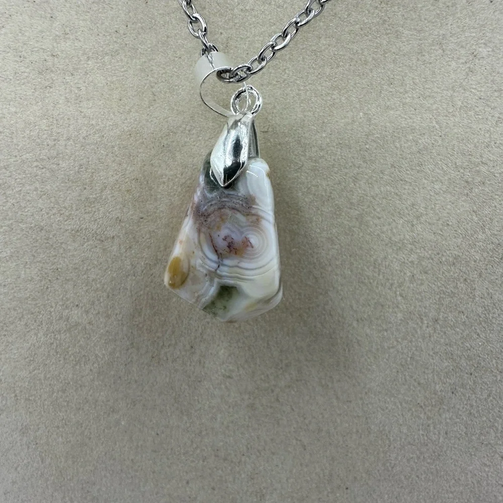 Ocean Jasper Pendant Necklace on Silver Stainless Steel Chain - Picture 4 of 6
